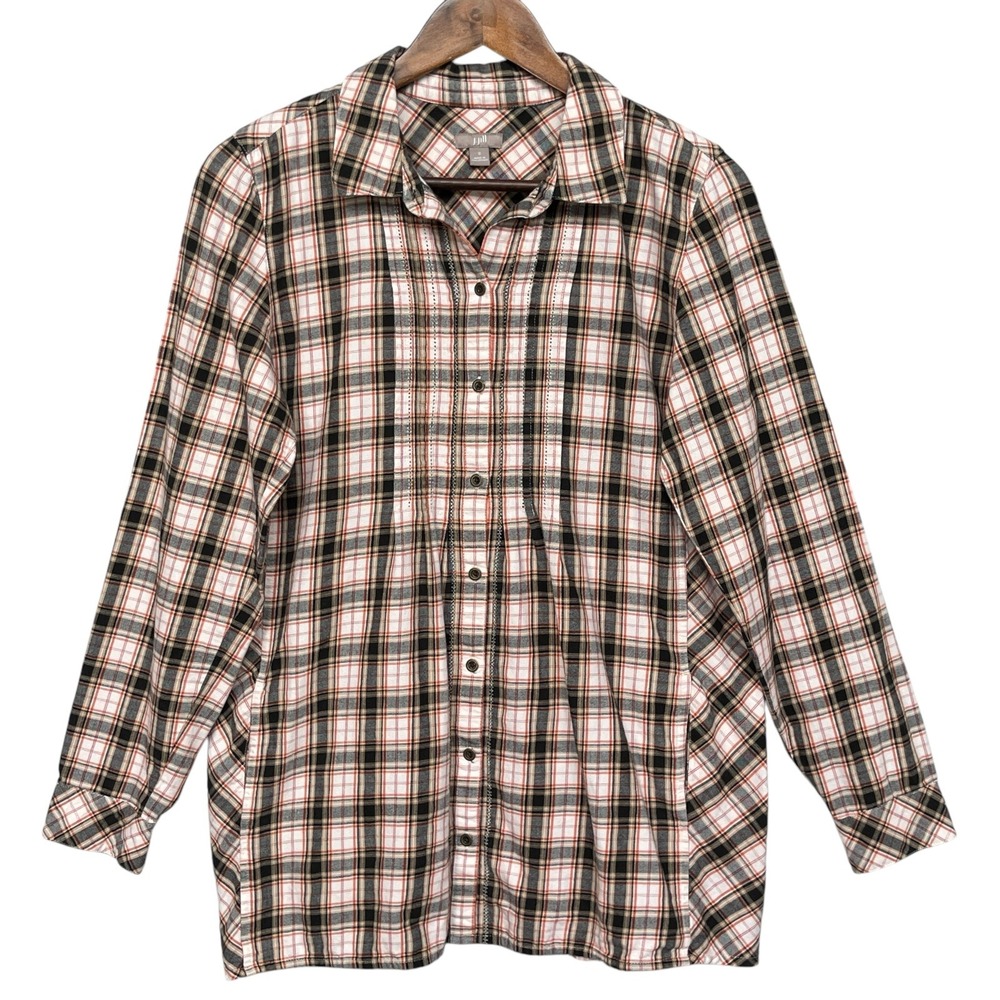 J. Jill Womens Small Plaid Pintuck Button Down Tunic Top Cotton Black Orange S